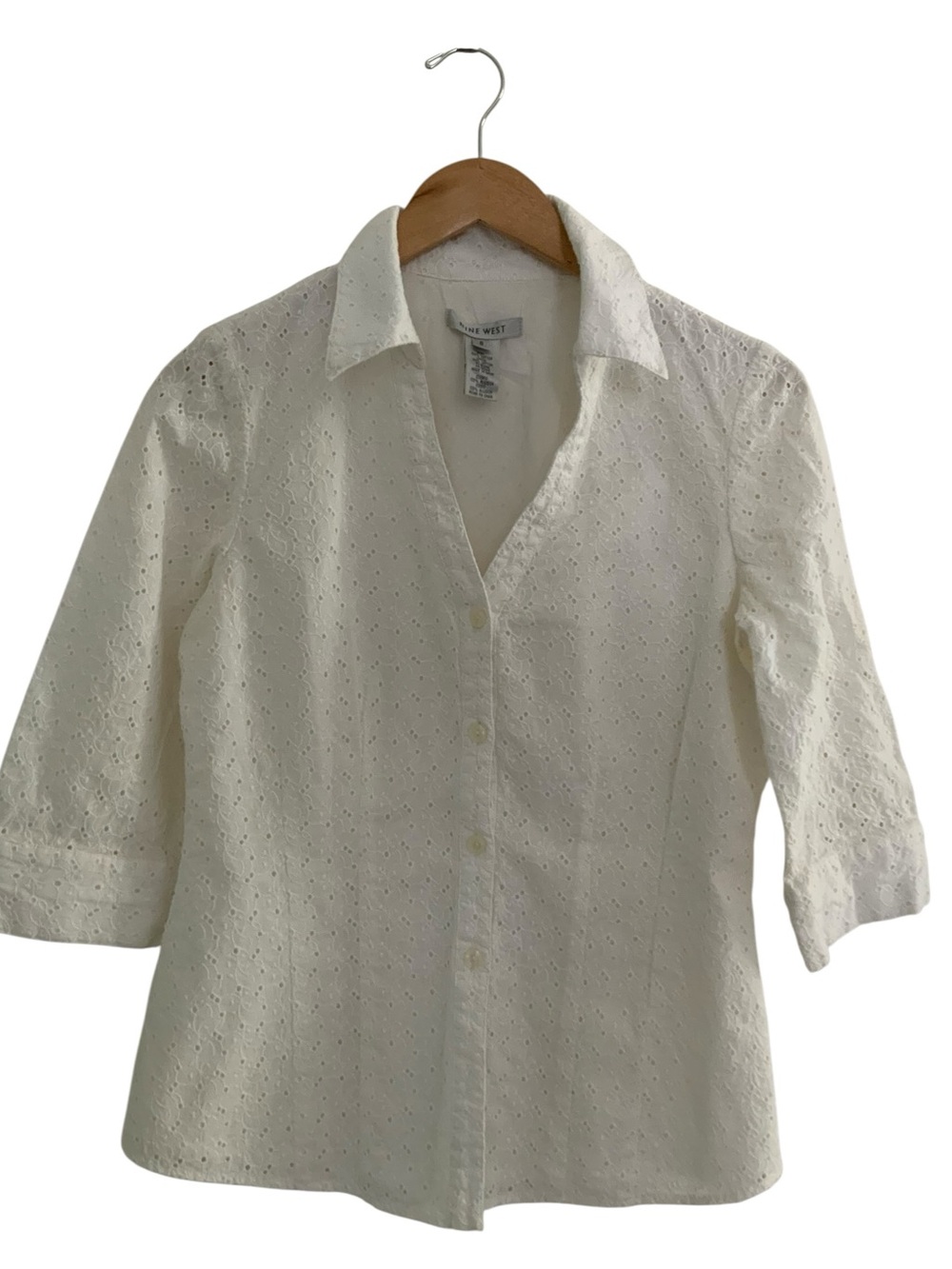 Y2K Nine West White Eyelet Button-Down 100% Cotton Blouse Size 8